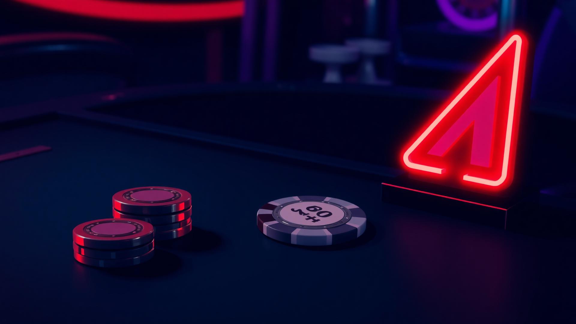 Neon red Avalanche triangle glowing beside a small stack of casino chips on a dark table