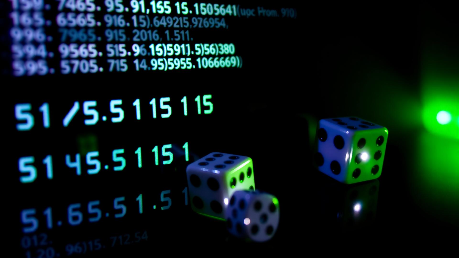 Green and blue cryptographic hash strings on a dark screen with two glowing dice in front