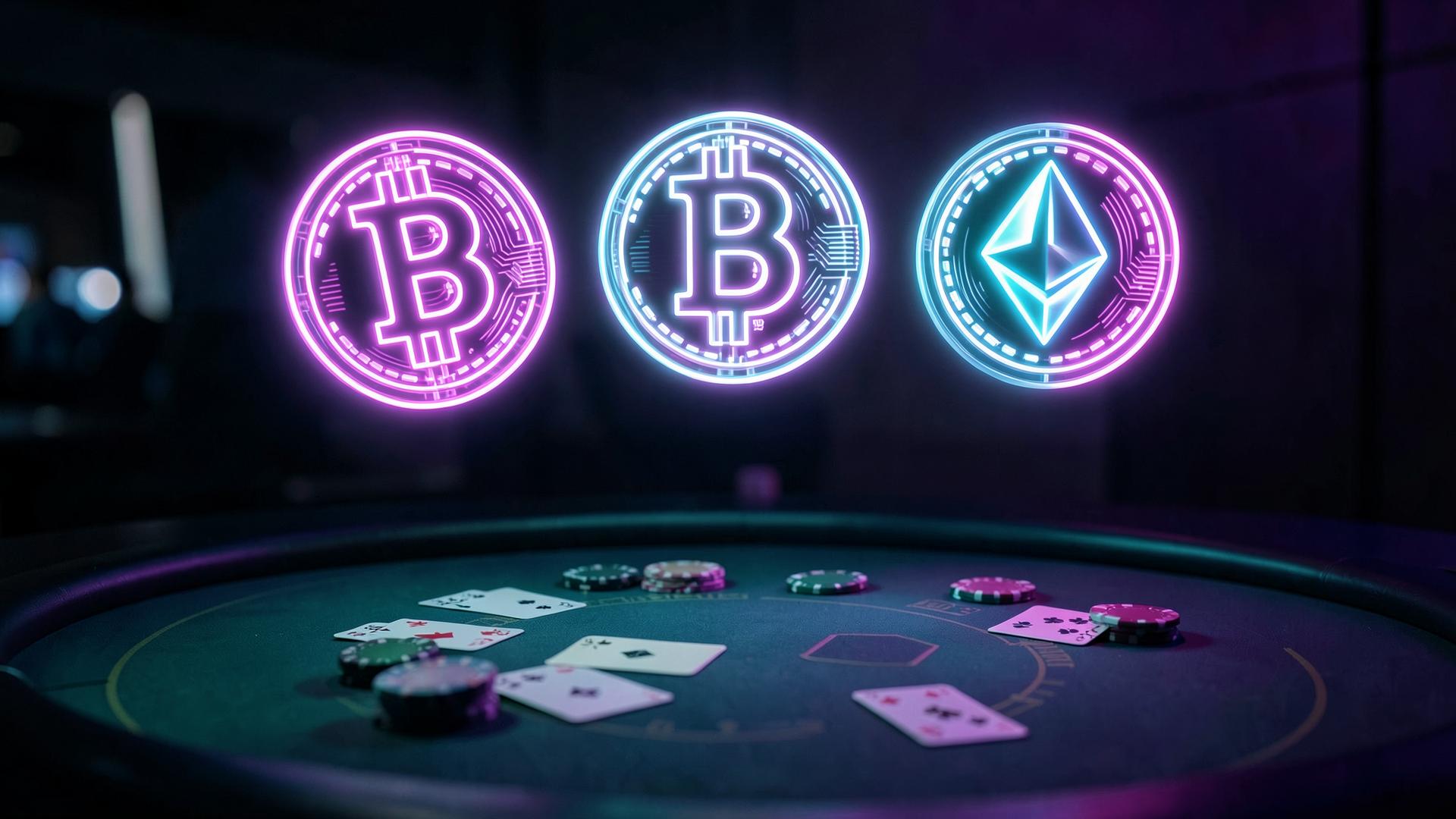 Neon Bitcoin and Ethereum coins glowing above a dark casino table with cards and chips, representing the best crypto casinos in 2026