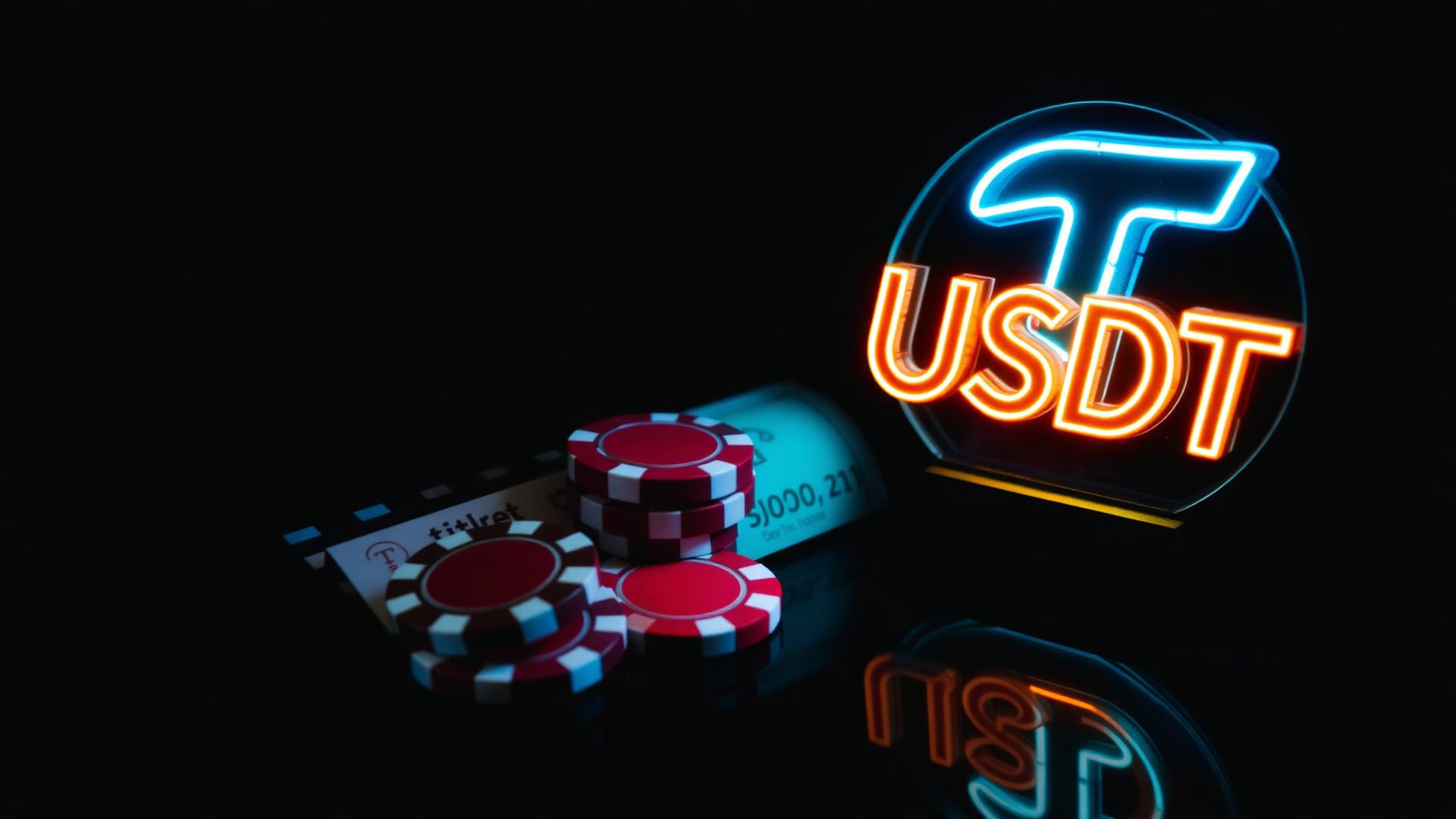 Neon USDT tether sign glowing beside red casino chips and a cashout ticket on black glass