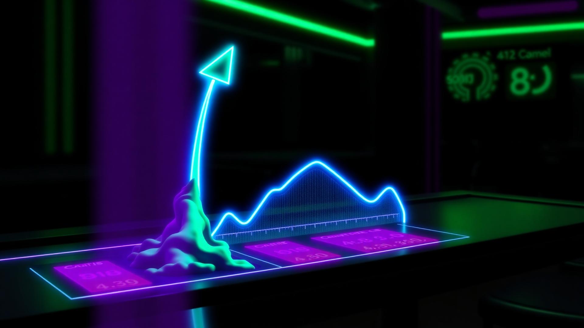 Neon crash game multiplier curve rocketing upward above a dark casino table with provably fair data panels