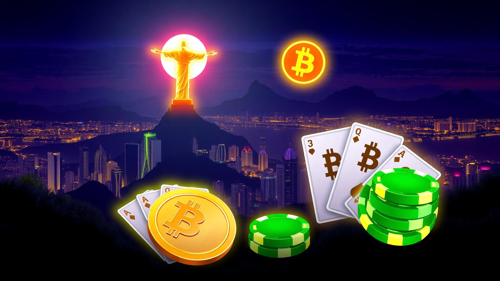 Neon Rio de Janeiro skyline at night with glowing Bitcoin coins, playing cards and green casino chips illustrating a crypto casino Brazil guide