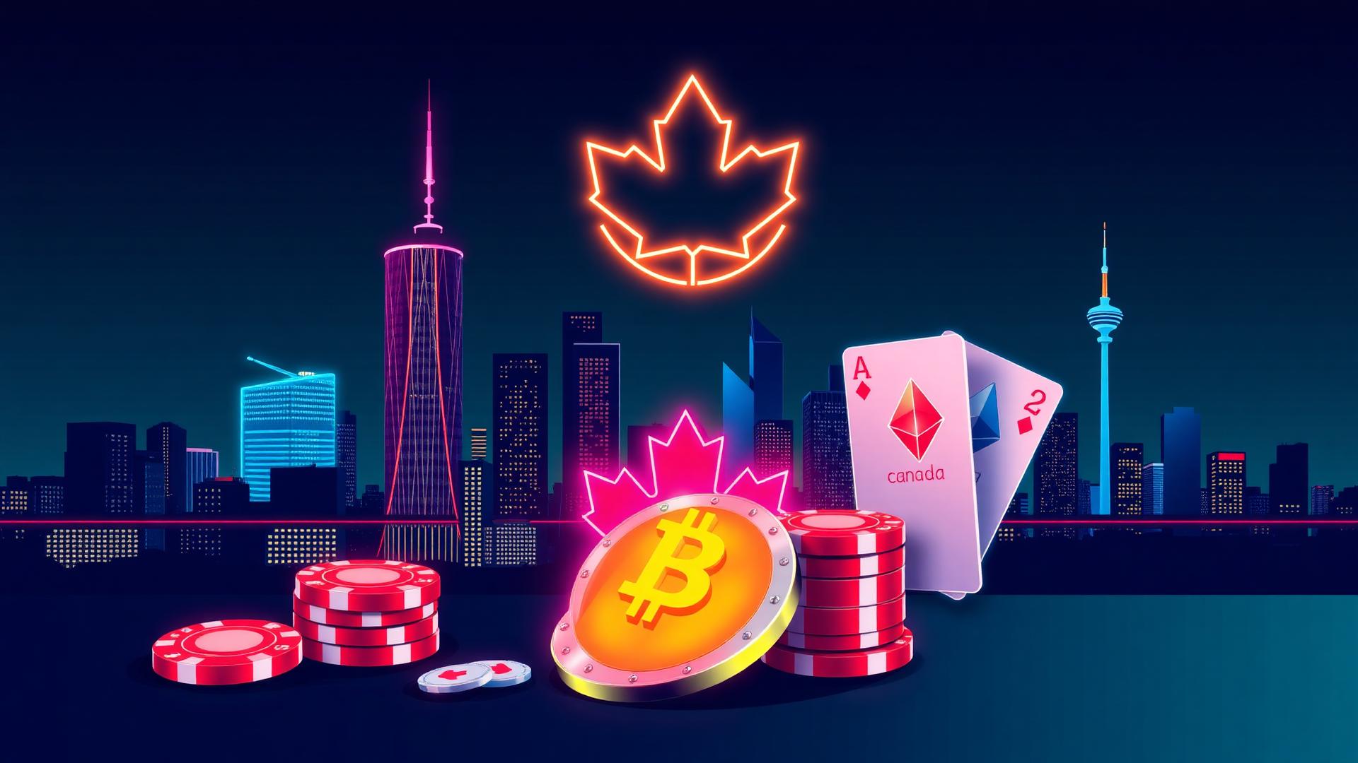 Neon Canadian city skyline with maple leaf motif, glowing Bitcoin and Ethereum symbols and red casino chips illustrating a crypto casino Canada guide