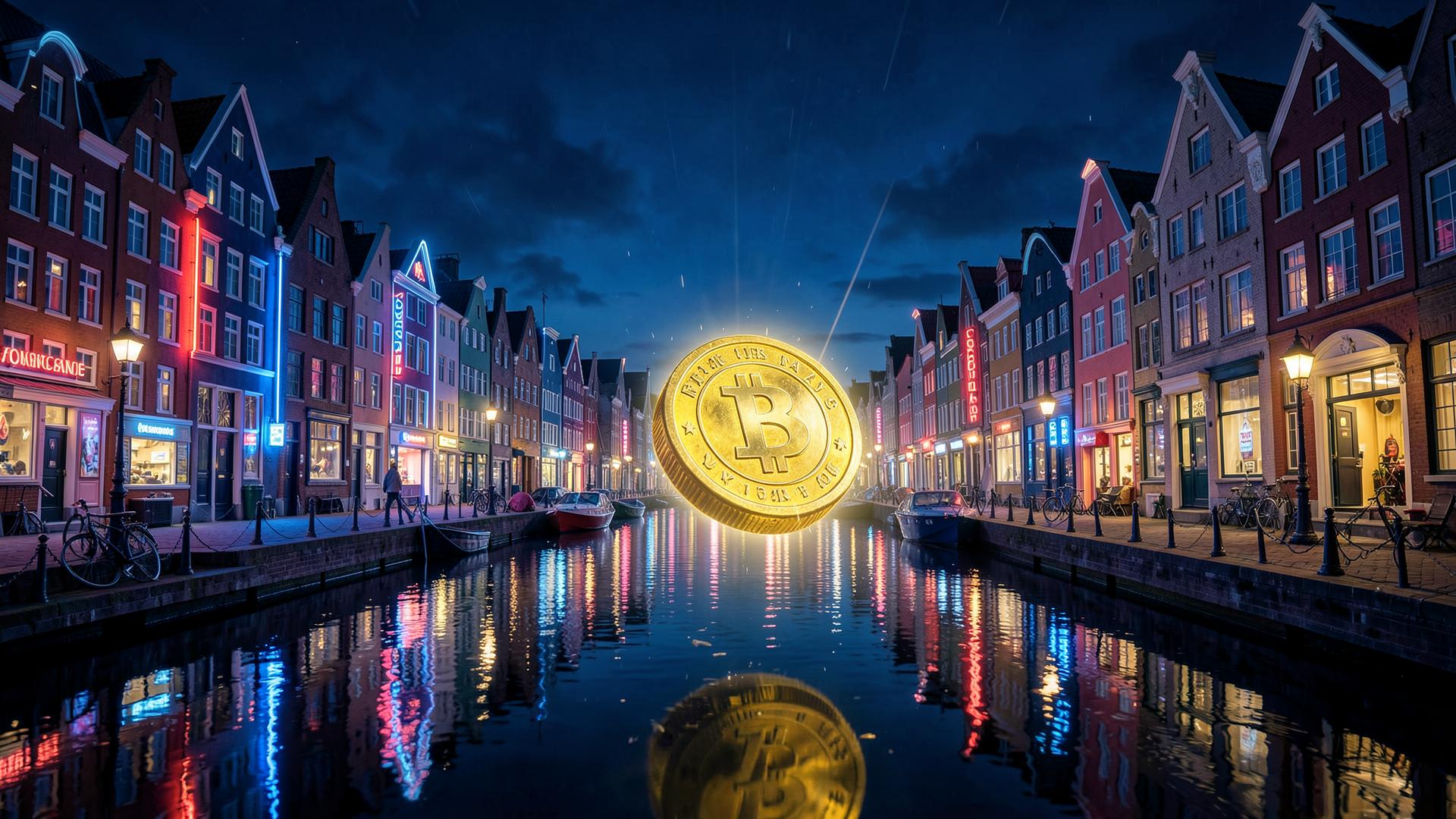 Neon Copenhagen canal at night with a glowing golden Bitcoin coin reflecting in the water, illustrating a crypto casino Denmark guide