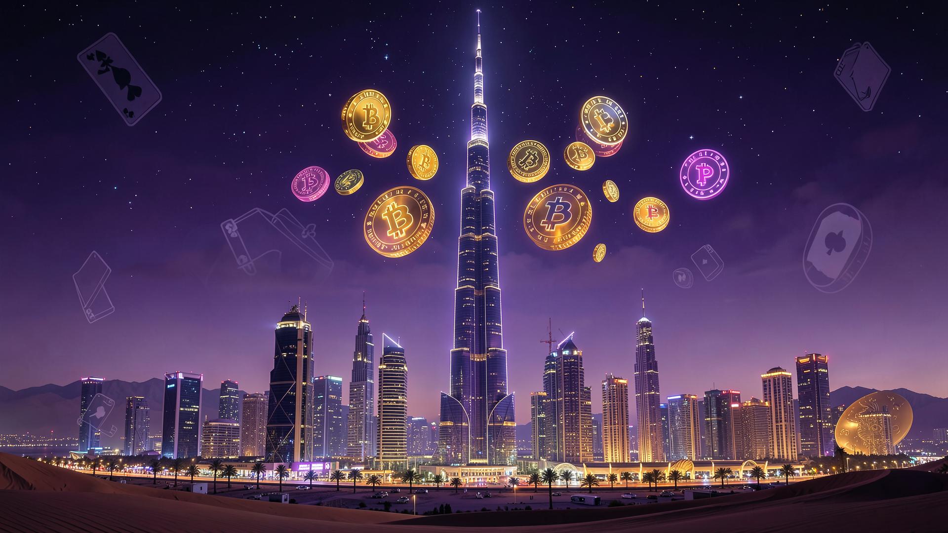 Neon Dubai skyline with the Burj Khalifa at night and glowing Bitcoin coins in the sky, illustrating a crypto casino Dubai legal guide