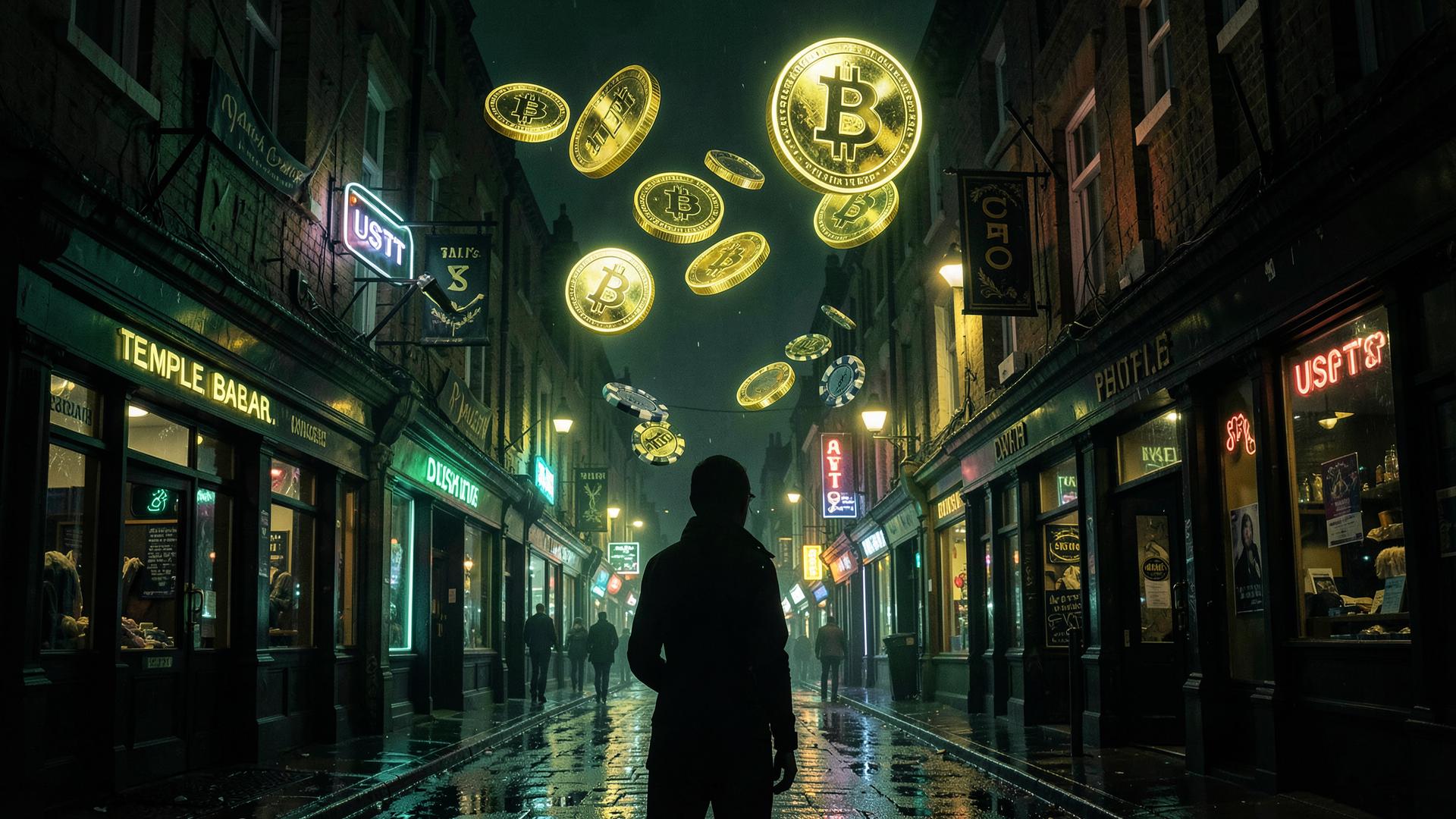 Neon Dublin street at night with glowing Bitcoin and USDT coins above wet cobblestones, illustrating a crypto casino Ireland guide