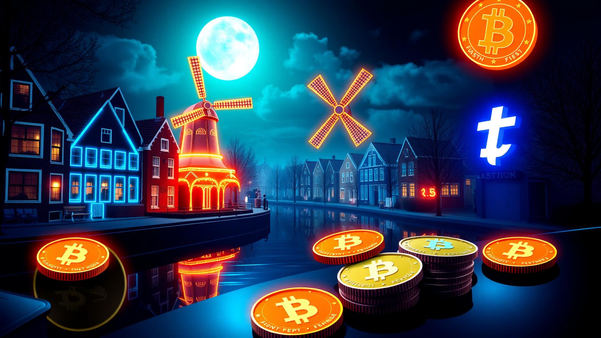 Neon Amsterdam canal houses and a windmill at night surrounded by glowing Bitcoin and USDT coins representing a crypto casino Nederland guide