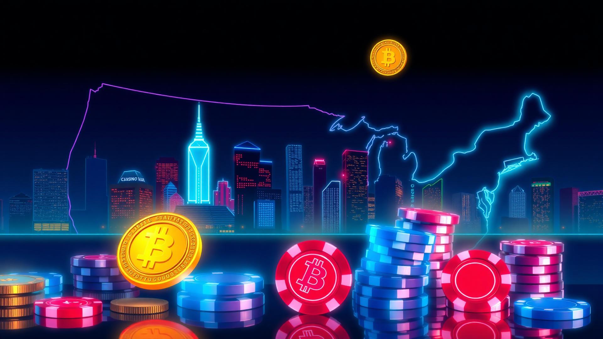 Neon United States skyline with glowing state map outlines, Bitcoin coins and blue and red casino chips illustrating a crypto casino United States guide