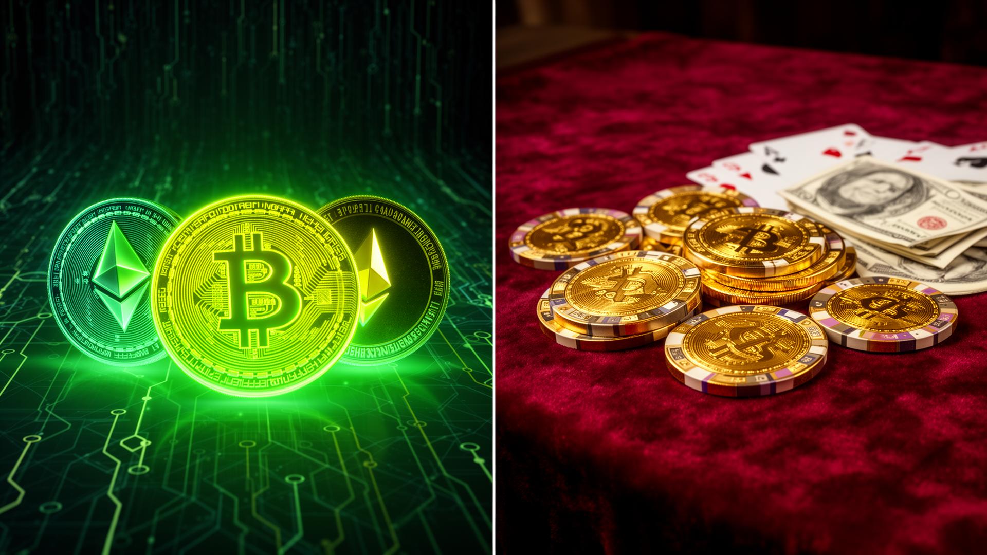 Split image of glowing neon Bitcoin and Ethereum coins beside classic gold casino chips on red velvet, comparing crypto and fiat casinos