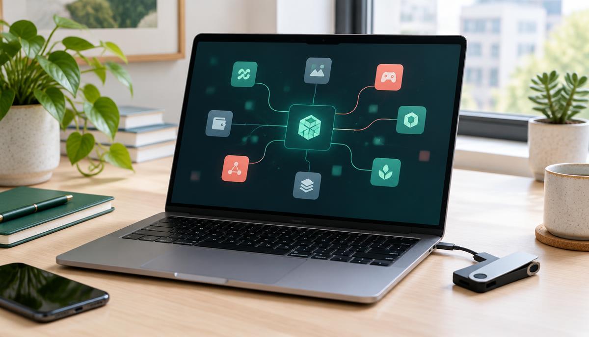 Conceptual image of a laptop displaying connected application tiles beside a hardware wallet, not a screenshot of Dappscope
