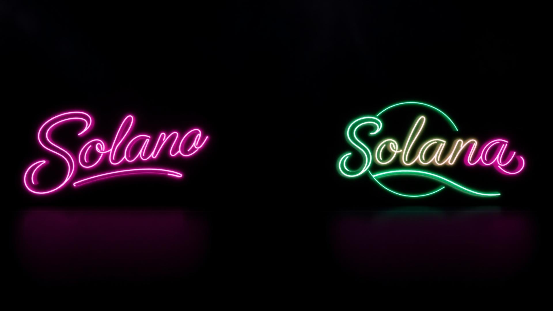 Two neon Solana signs facing each other across a dark arena floor in pink and green light