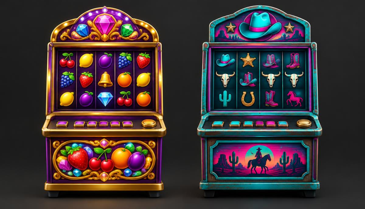 Illustrative fictional slot machines with candy symbols and western symbols, representing contrasting slot design styles