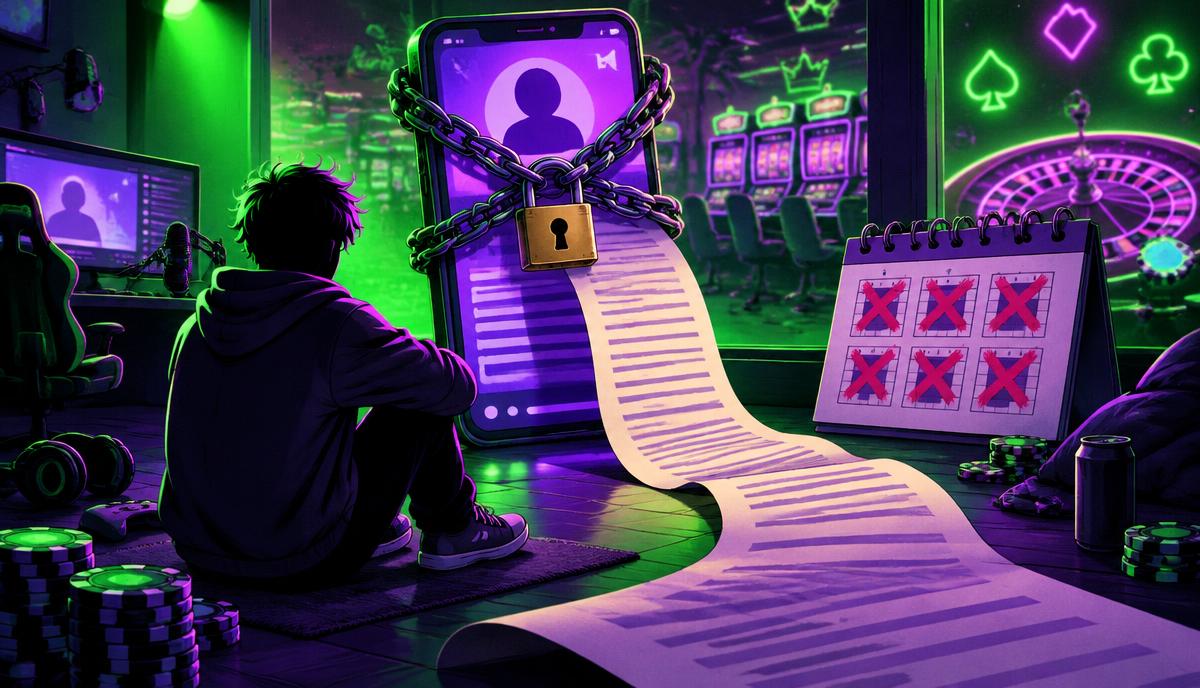 Illustration of a streamer in a hoodie staring at a chained, padlocked phone and a very long contract, representing Jack Doherty's Shuffle deal