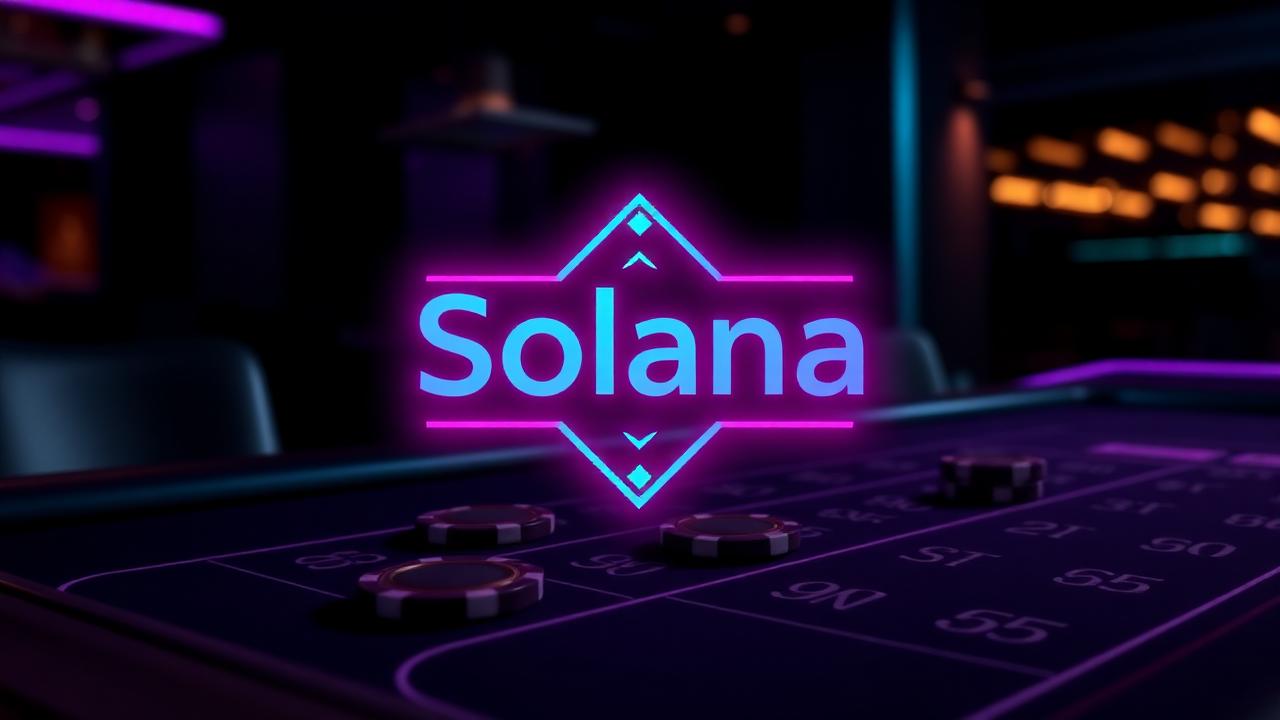 Neon Solana logo glowing above a dark casino table with purple and teal chips