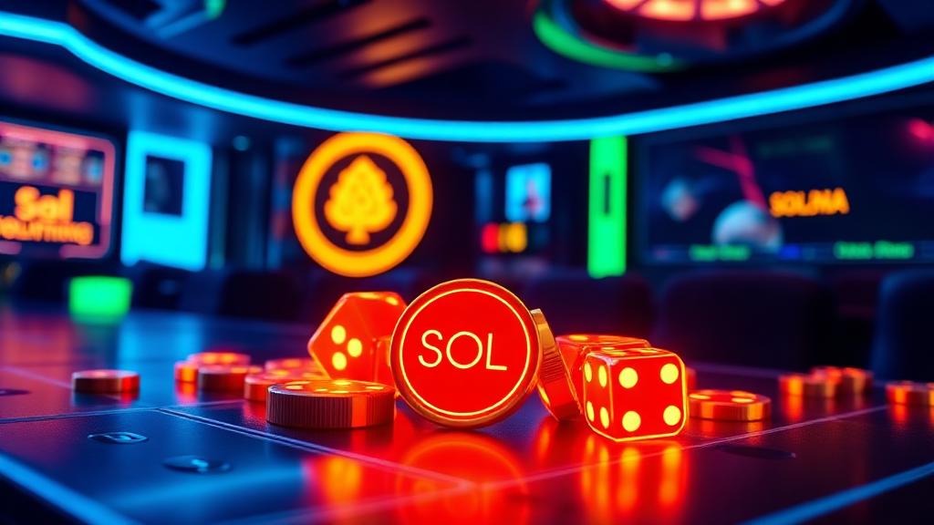 Glowing Solana blockchain tokens spinning above a futuristic neon casino table with digital dice and poker chips