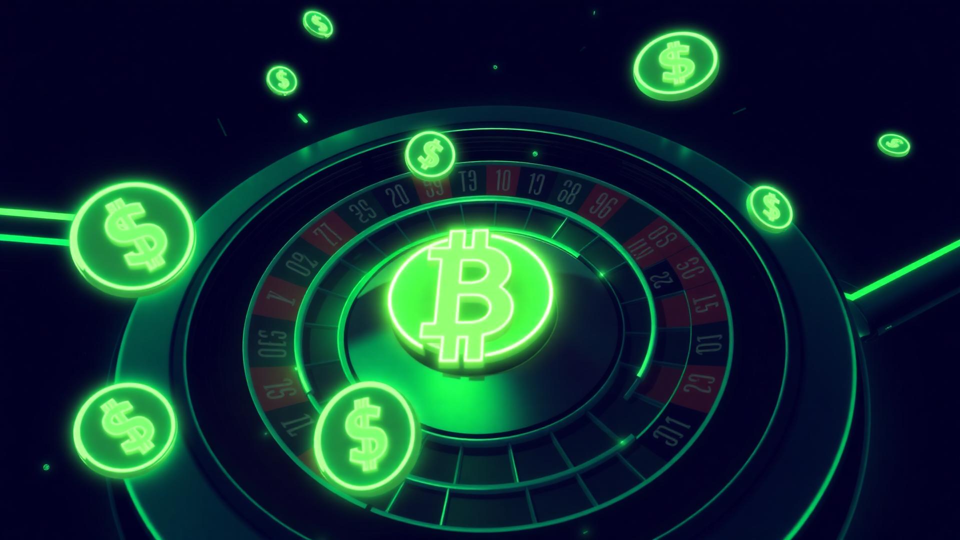 Neon green USDT stablecoin tokens circling a glowing casino roulette wheel, illustrating stablecoin gambling
