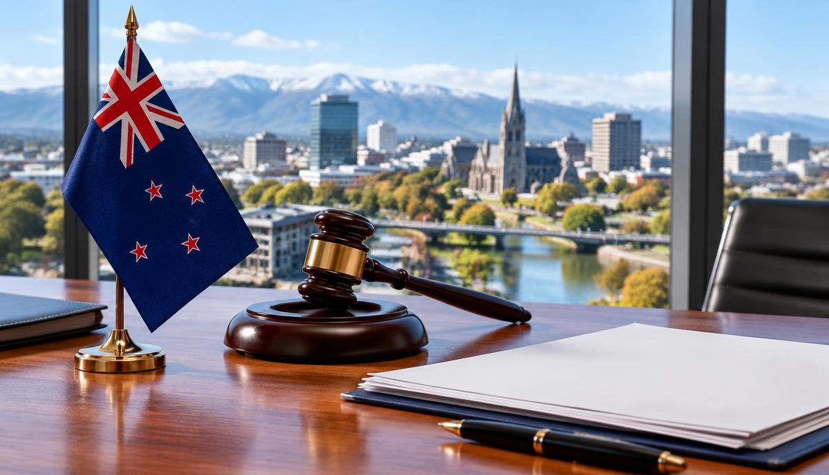 Conceptual illustration of a New Zealand flag, auction gavel and application documents, not a photograph of the licensing auction