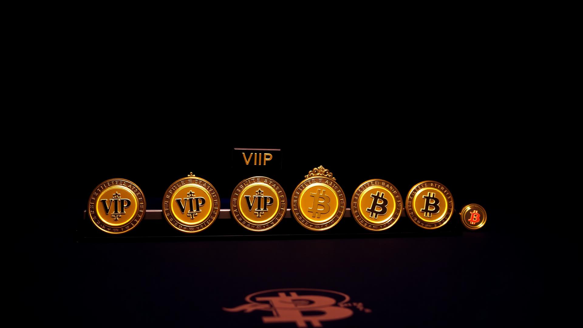 Row of glowing gold VIP and bitcoin medallions rising in tiers on a black reflective surface