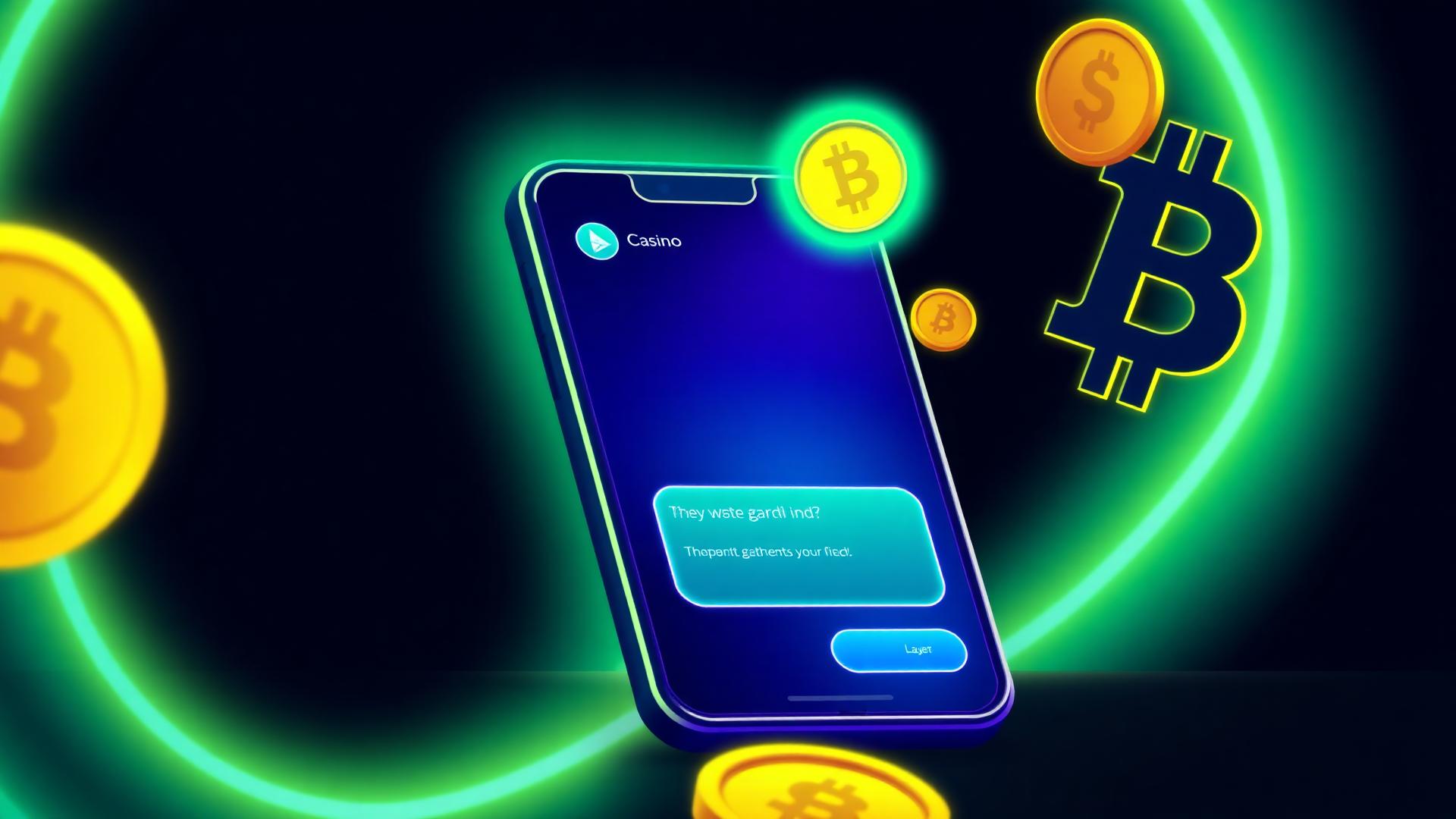 Smartphone showing a chat-based crypto casino interface surrounded by glowing Bitcoin coins on a dark neon background