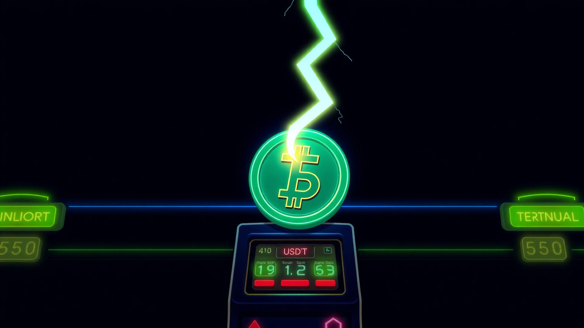Neon Tether coin struck by a lightning bolt above a glowing instant casino payout terminal