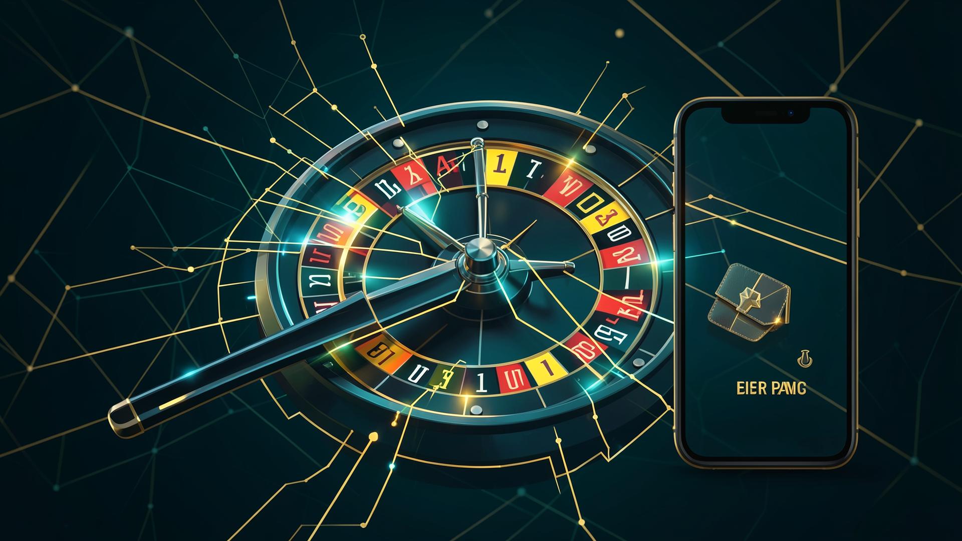 Roulette wheel merged with glowing blockchain network lines beside a smartphone crypto wallet, illustrating a complete crypto gambling guide