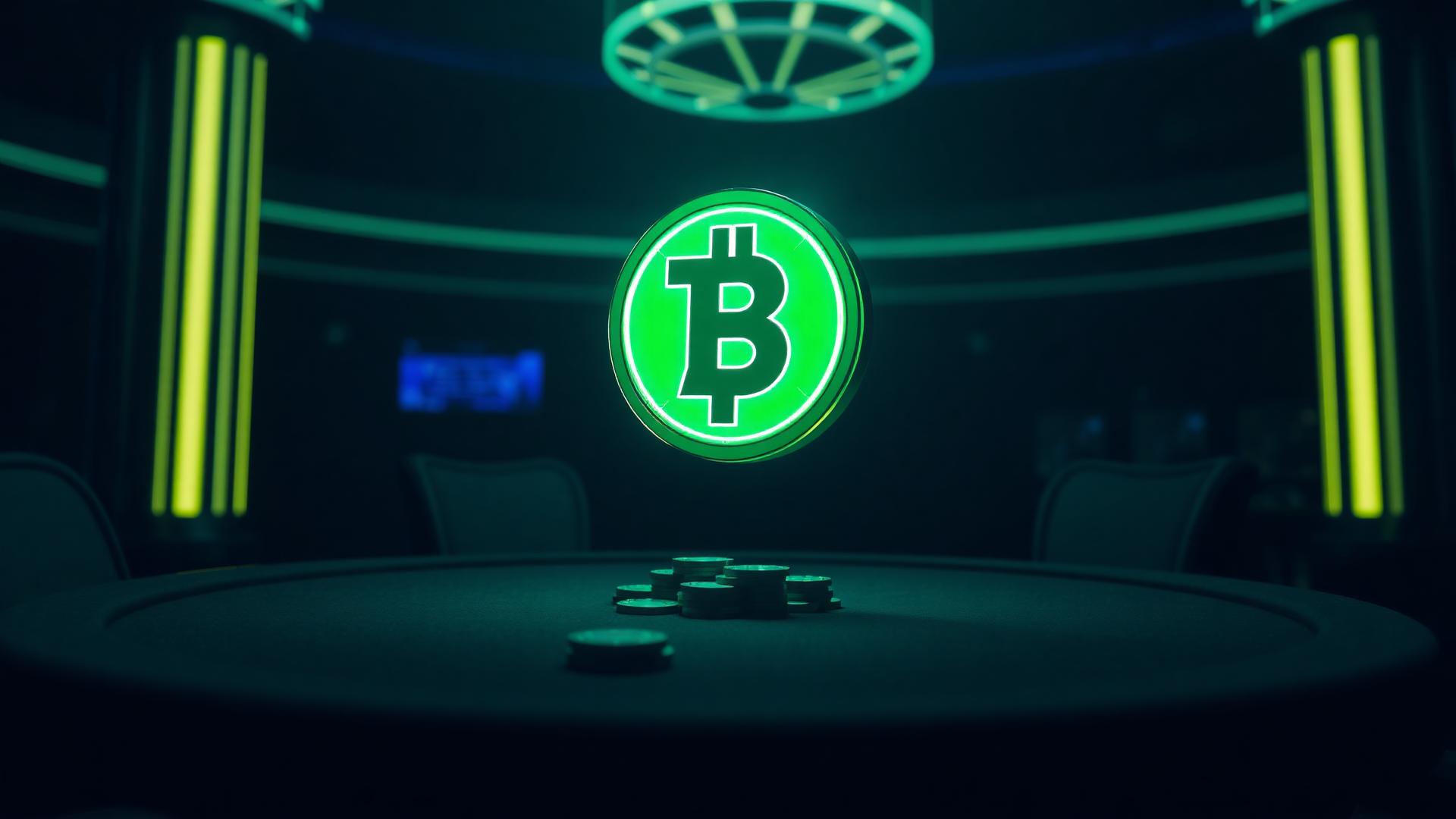 Glowing green Tether USDT coin hovering above a dark casino table stacked with teal chips