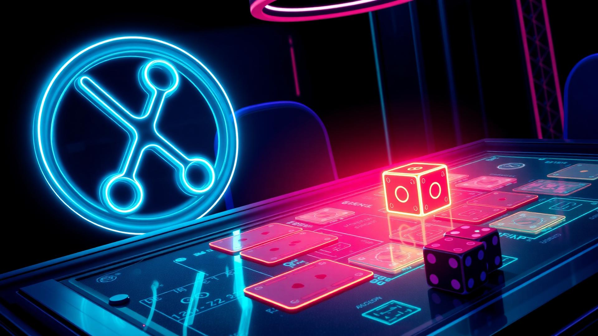 Neon XRP ledger symbol glowing beside a holographic casino table with cards and dice, illustrating XRPL casino games
