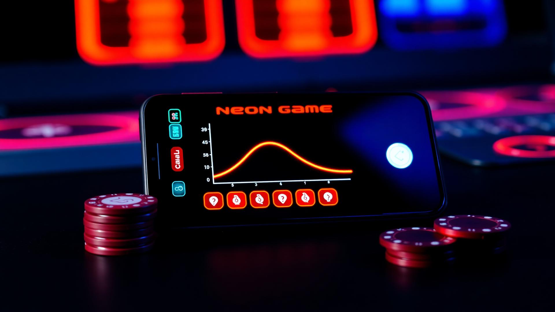 Phone showing a neon crash game multiplier curve beside two small stacks of red casino chips